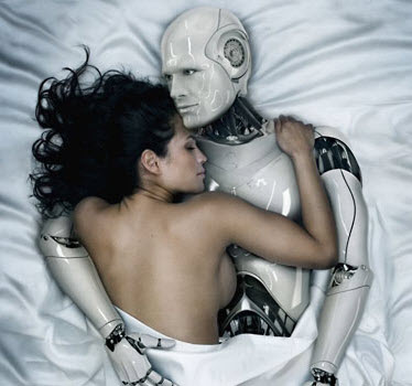 sexy naked woman with big breasts snuggling in bed and sleeping with robot lover sex machine