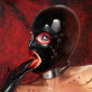 latex full body suit on sexy woman illustration with taped nipples on large breasts in corset with tall high heel boots and full face mask